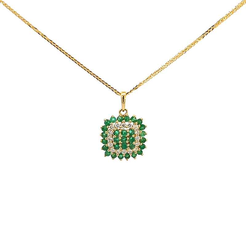 18K Yellow Gold Diamond Emerald Pendant Set